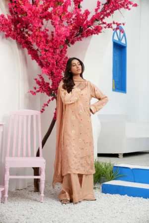 Blush Pink Luxury Cotton Jersey Suit – Embroidered Detail | Mazhar Collection